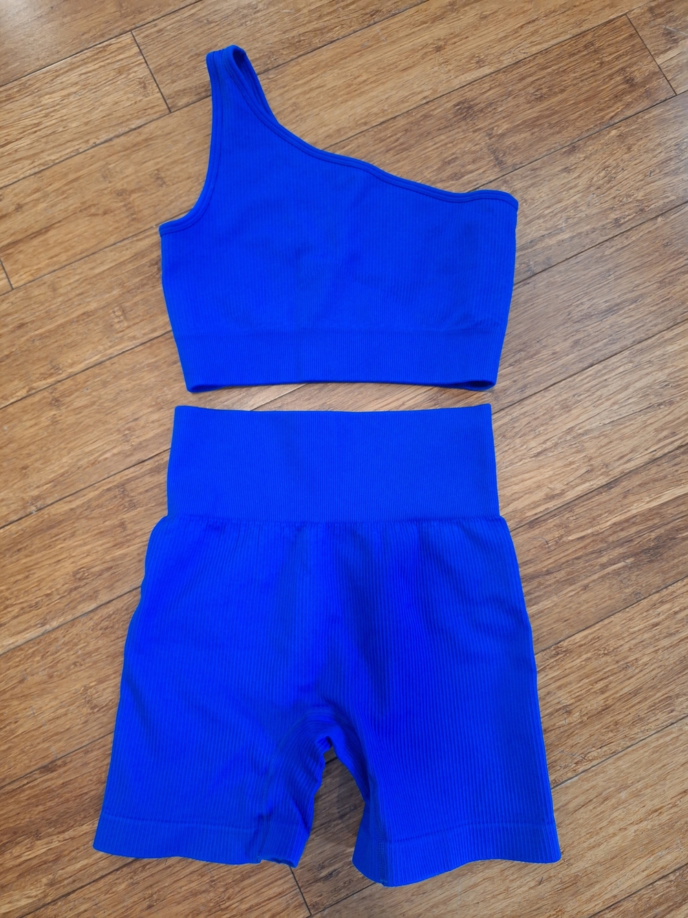Royal Blue Ribbed One-Shoulder Crop Top & High-Waist Bike Shorts Set